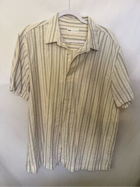 ZARA Men’s Short Sleeve Button-Up Shirt - Cream with Black Stripes Sz XL